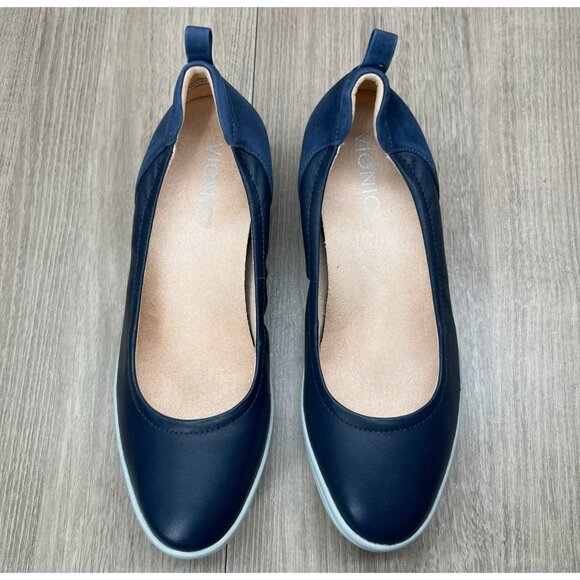 Vionic Jacey Slip-On Wedge Shoes Size 6.5 Arch Support Comfort Leather Navy Blue - Picture 4 of 11